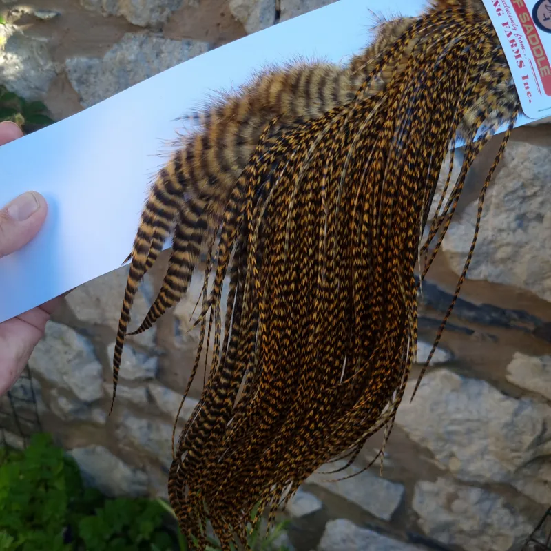 Whiting 1/2 BRONZE Grade Dry Fly Rooster Saddle in Grizzly Dyed March Brown-2